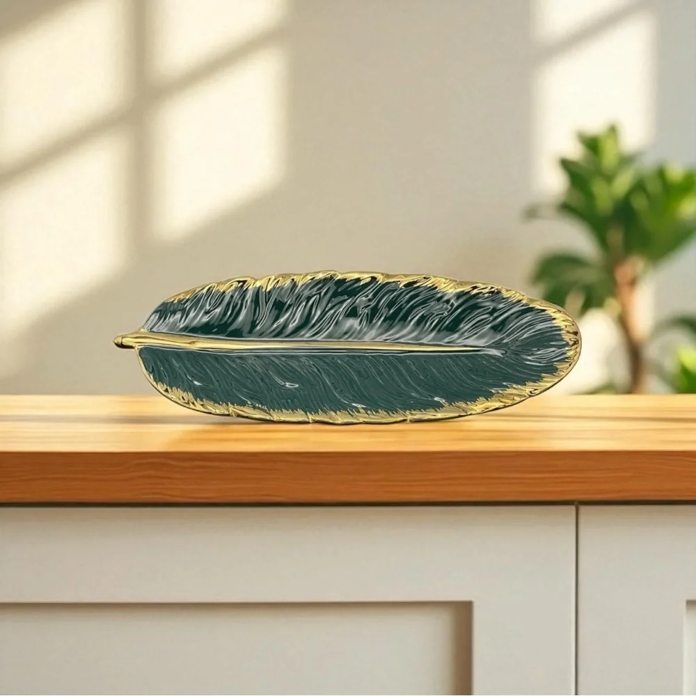Leaf Trinket Serving Tray Decor Green  Accent Plate Gold Trim Boho Nature 10'